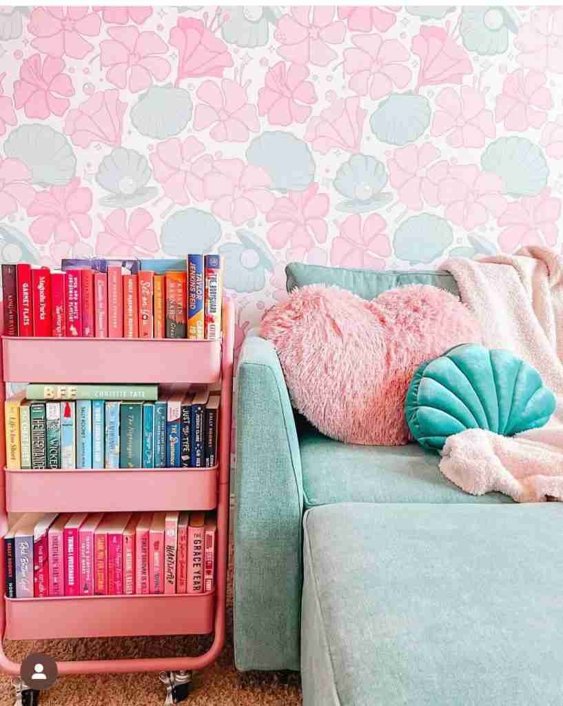 book nook - pink book cart and turquoise chair