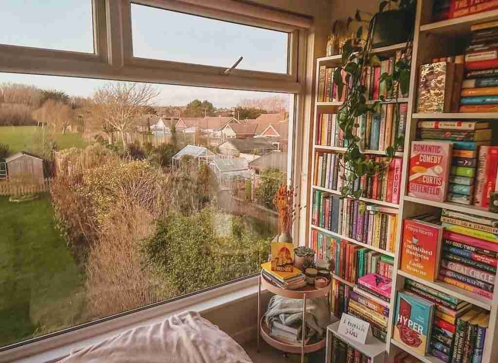 book nook ideas - shelves next to open window