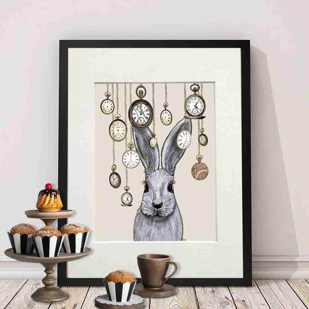 White rabbit print with clocks