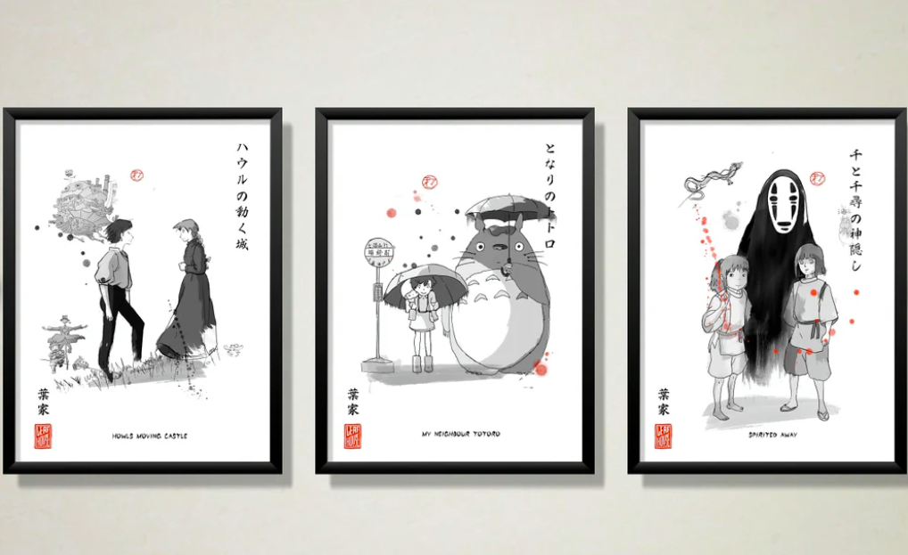 Studio ghibli set of three Japanese Ink Brush prints